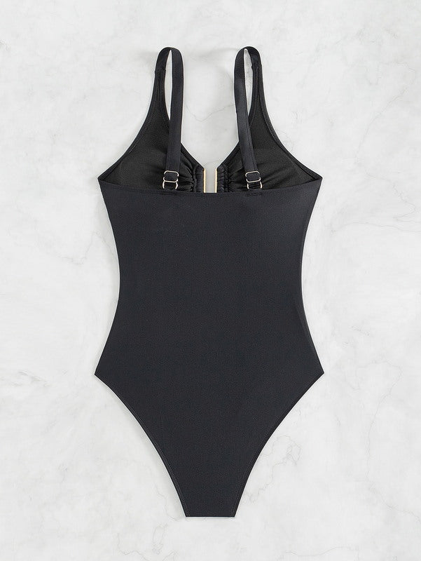 Tummy Control One Piece Swimsuit with Deep V Neck and V Wire Design