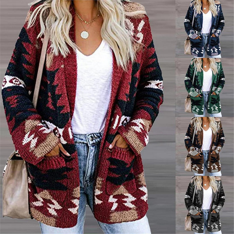 Modern Active Printed Button-Up V-Neck Long Sleeve Cardigan with Pockets