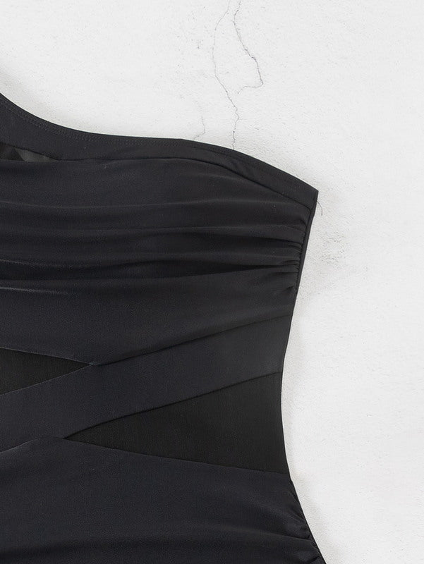 One Shoulder Assymetrical Ruched Mesh Solid Black Swimwear