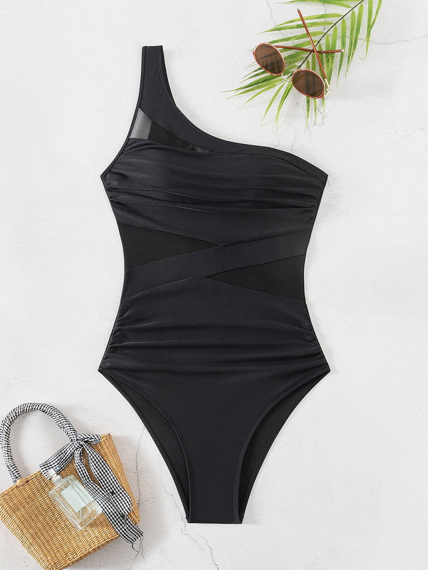 One Shoulder Assymetrical Ruched Mesh Solid Black Swimwear