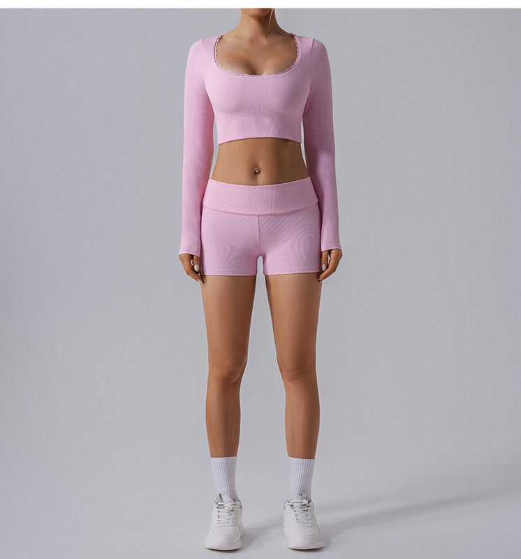 Long Sleeve Lace Trim Crop Top