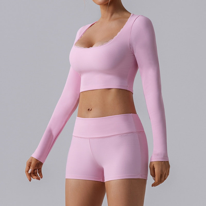 Long Sleeve Lace Trim Crop Top