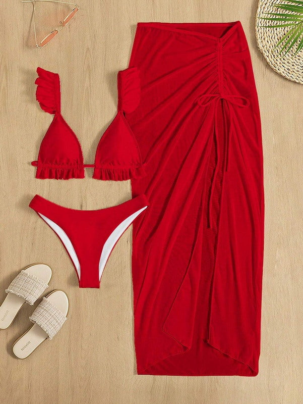 Modern Active Ruffle Bikini 3-Piece High Waisted Swimsuit with Mesh Maxi Cover-up Skirt