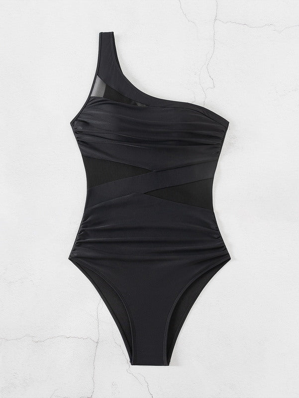 One Shoulder Assymetrical Ruched Mesh Solid Black Swimwear