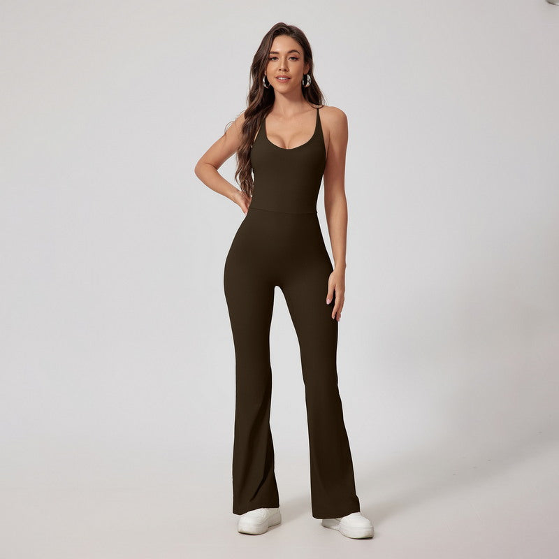 One-Piece Bodysuit Sport Wear with Flare Leg and Strappy Back