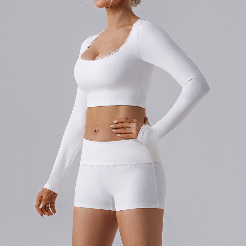 Long Sleeve Lace Trim Crop Top