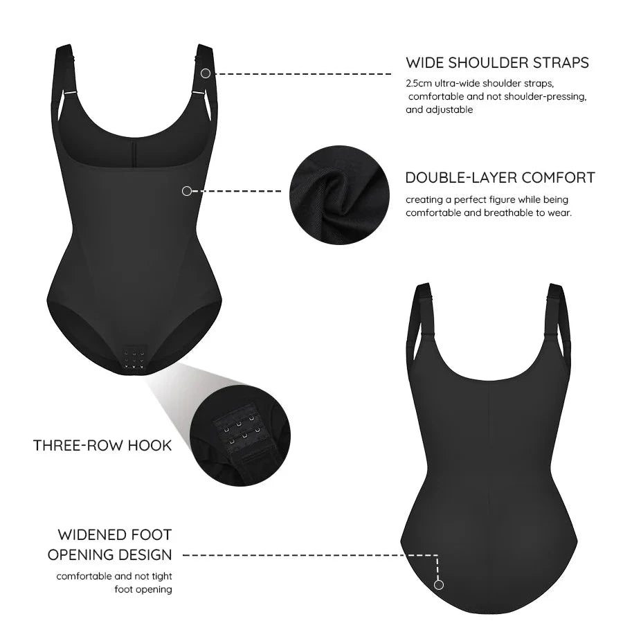 Black bodysuit with features highlighted on a white background