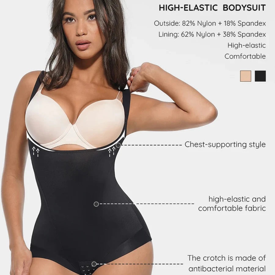 Woman wearing a high-elastic bodysuit with text detailing its features on a white background