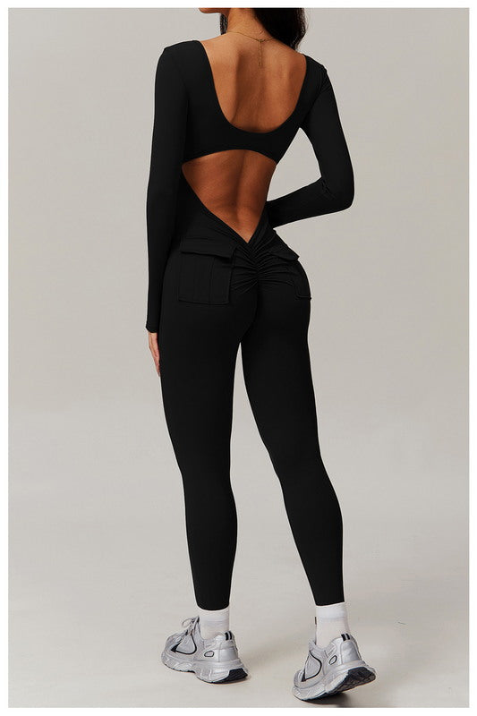 V-Scrunched Back Long Sleeve One-Piece Suit