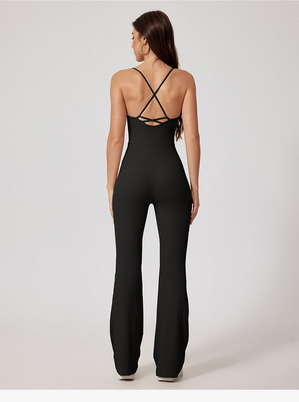 One-Piece Bodysuit Sport Wear with Flare Leg and Strappy Back