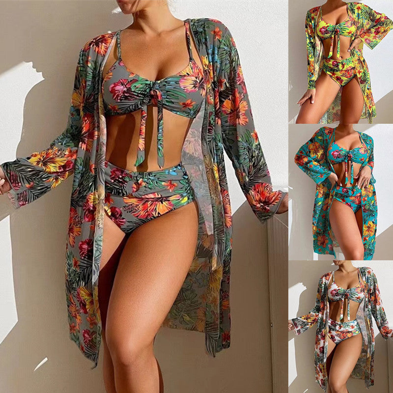 Modern Active 3-Piece Floral Print Modest Knot Front Bikini with Cover-Up Shirt