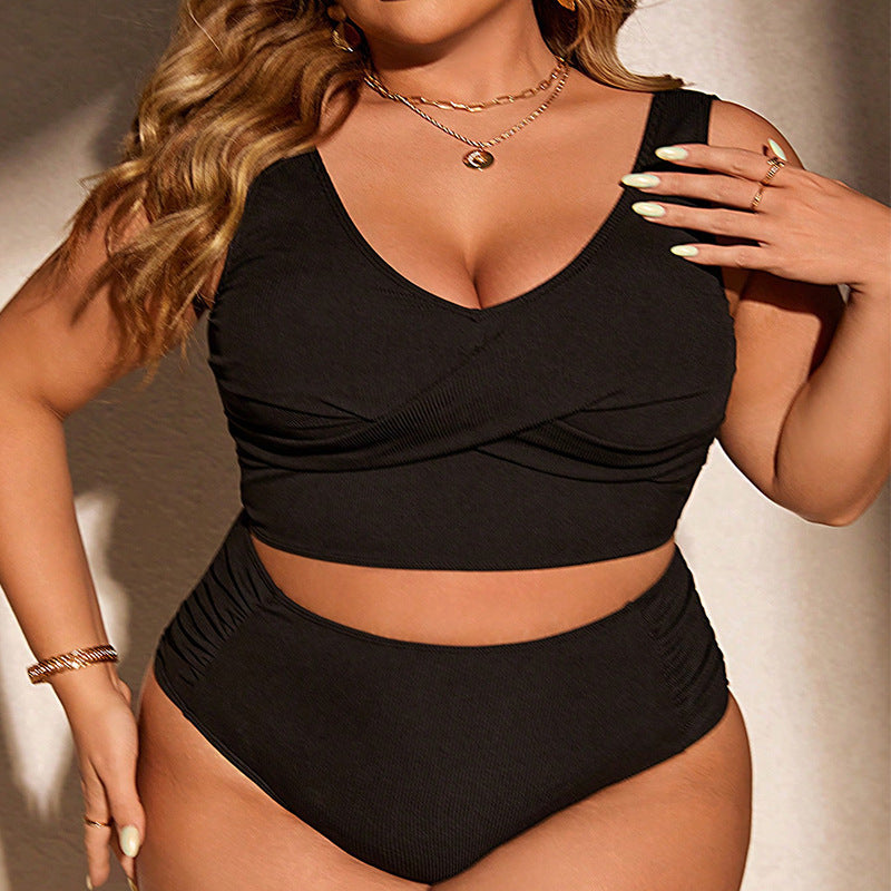 2-Piece  Plus Size Solid Black Swimwear Set