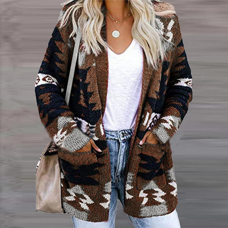 Modern Active Printed Button-Up V-Neck Long Sleeve Cardigan with Pockets