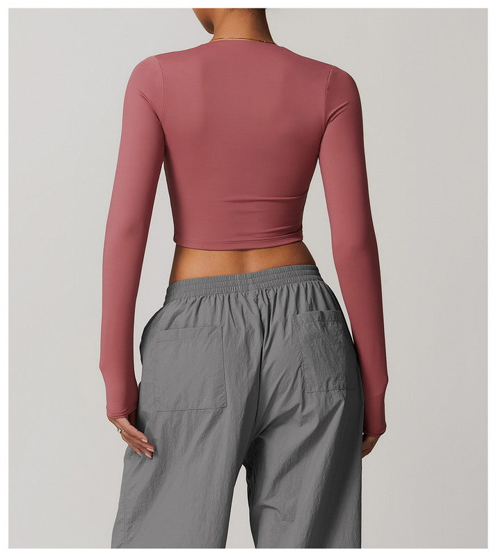 Active Solid  Square Neck Long Sleeve Casual Crop Top