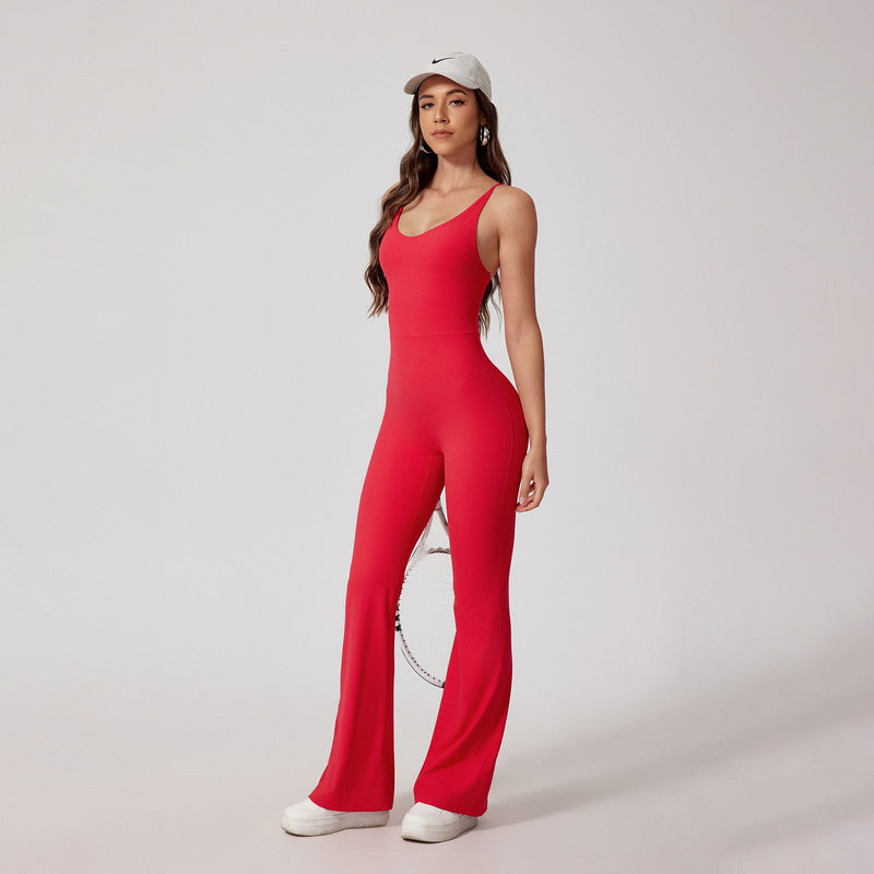 One-Piece Bodysuit Sport Wear with Flare Leg and Strappy Back