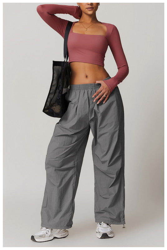 Active Solid  Square Neck Long Sleeve Casual Crop Top