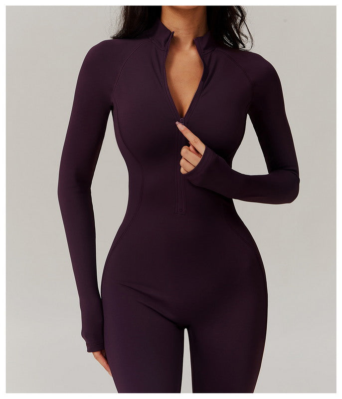 Seamless Long Sleeve Yoga Jumpsuit with Front Zipper