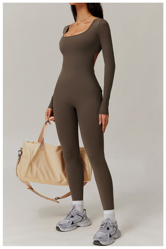 V-Scrunched Back Long Sleeve One-Piece Suit