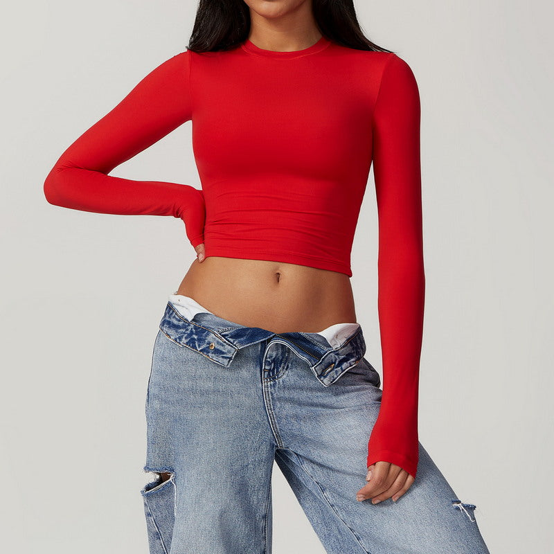 Modern Active Solid Crew Neck Long Sleeve Casual Crop Top