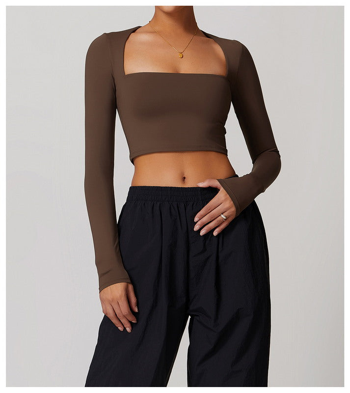 Active Solid  Square Neck Long Sleeve Casual Crop Top