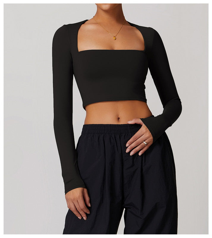 Active Solid  Square Neck Long Sleeve Casual Crop Top