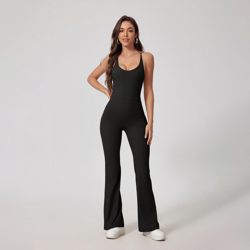 One-Piece Bodysuit Sport Wear with Flare Leg and Strappy Back