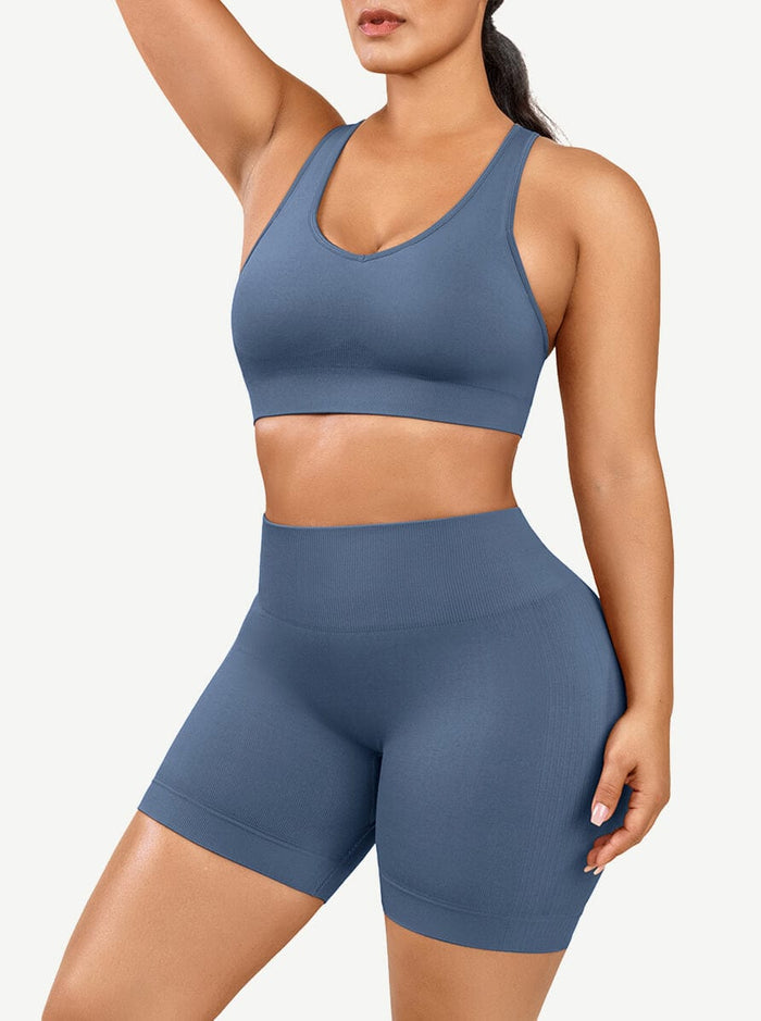 🌿Eco-friendly Sexy V Neck Seamless Sportswear Biker Shorts Set