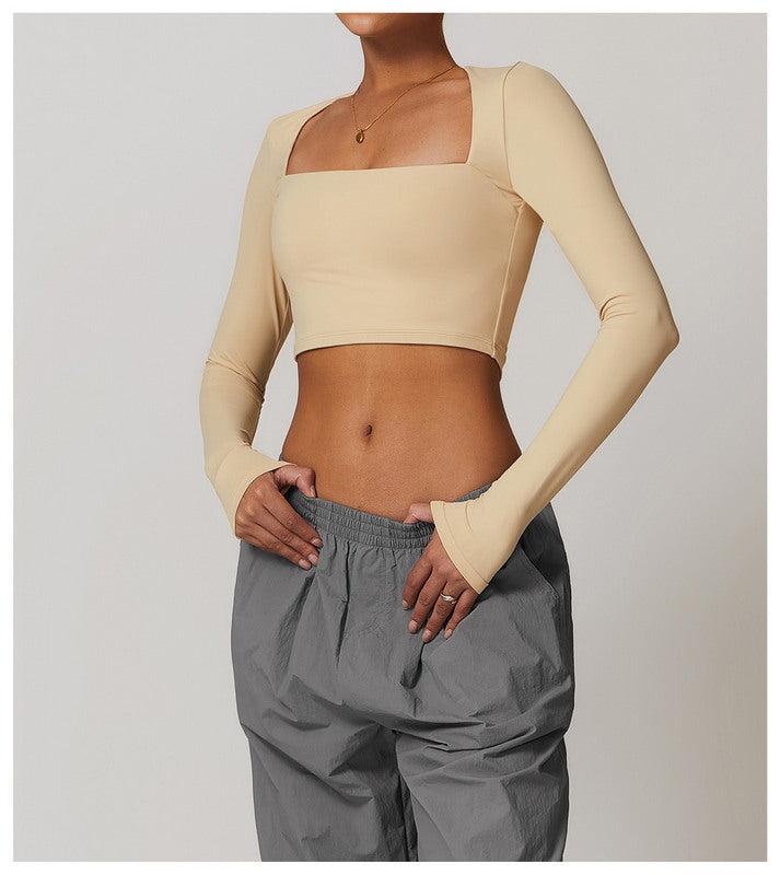 Active Solid  Square Neck Long Sleeve Casual Crop Top