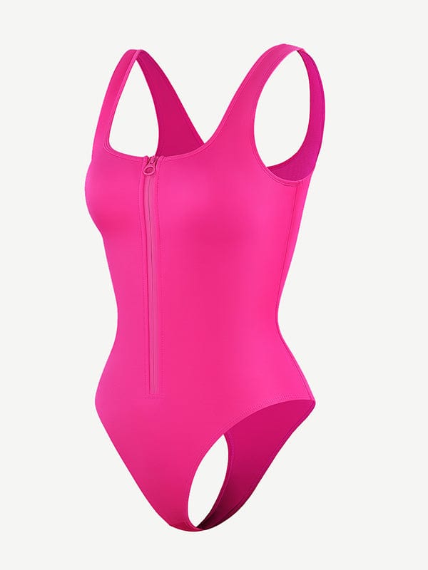 a woman in a pink swimsuit with zippers