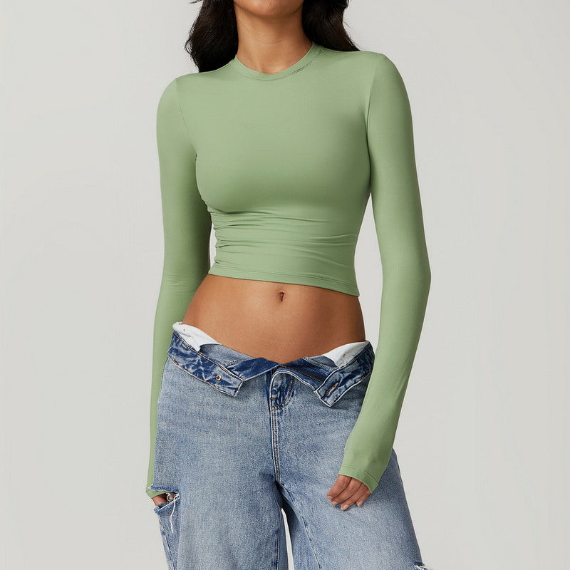 Modern Active Solid Crew Neck Long Sleeve Casual Crop Top