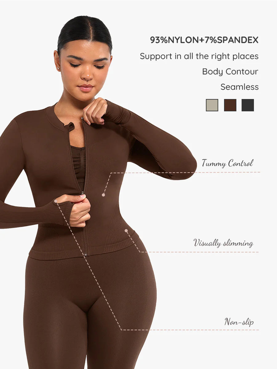 Seamless Full Zipper Running Top with Thumb Holes