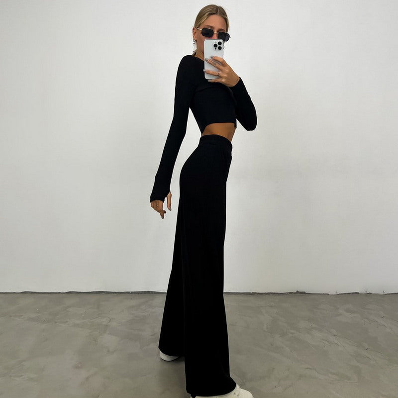 Two-Piece Knitted Sweater and Wide-Leg Pants Set