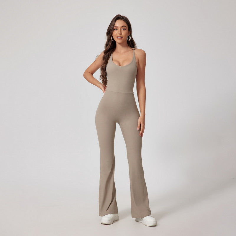 One-Piece Bodysuit Sport Wear with Flare Leg and Strappy Back