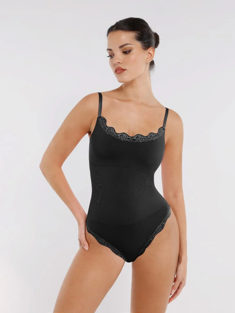 Seamless Lace Trim Waist Shaping Thong Bodysuit