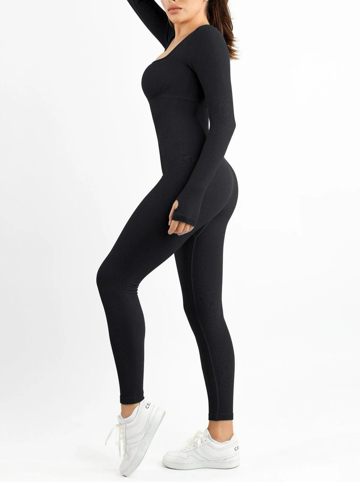 Seamless Thumb Hole Square Neck Long Sleeve Jumpsuit