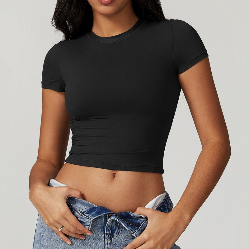 Modern Active Solid Crew Neck Short Sleeve Casual Crop Top