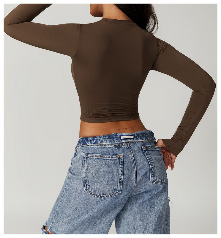 Modern Active Solid Crew Neck Long Sleeve Casual Crop Top