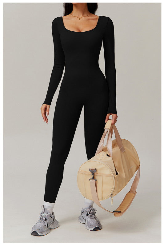 V-Scrunched Back Long Sleeve One-Piece Suit