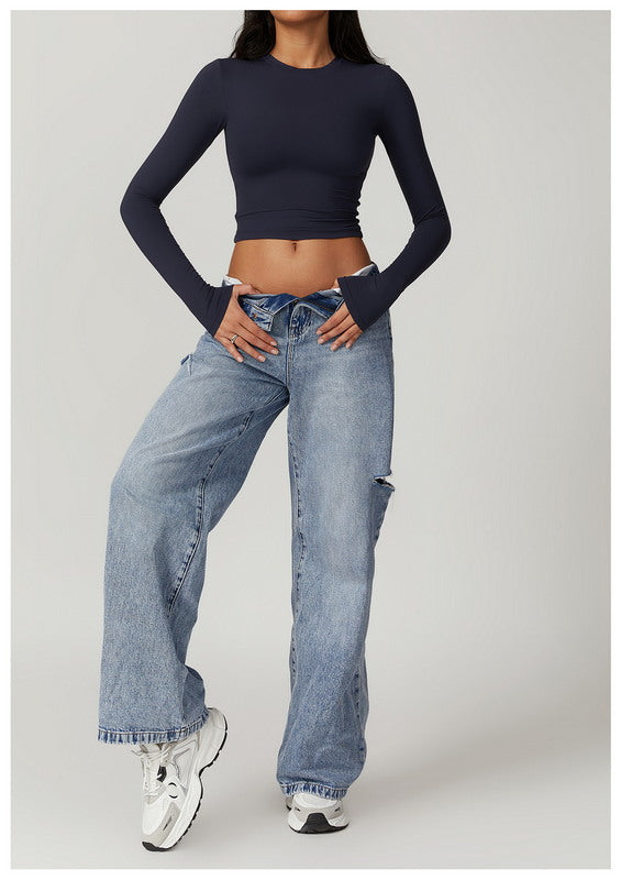 Modern Active Solid Crew Neck Long Sleeve Casual Crop Top