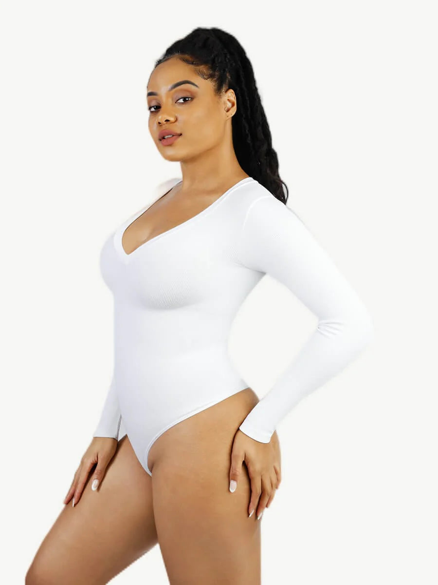Long Sleeved V-neck Waist Shaping Tummy Control Seamless Bodysuit-Modern Active
