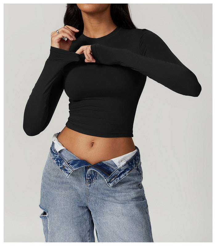 Modern Active Solid Crew Neck Long Sleeve Casual Crop Top