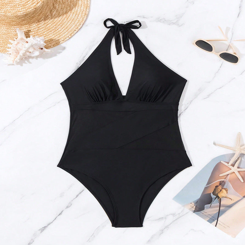 Modern Active V Neck Halter Tie Mesh Solid Black Swimwear