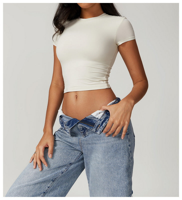 Modern Active Solid Crew Neck Short Sleeve Casual Crop Top