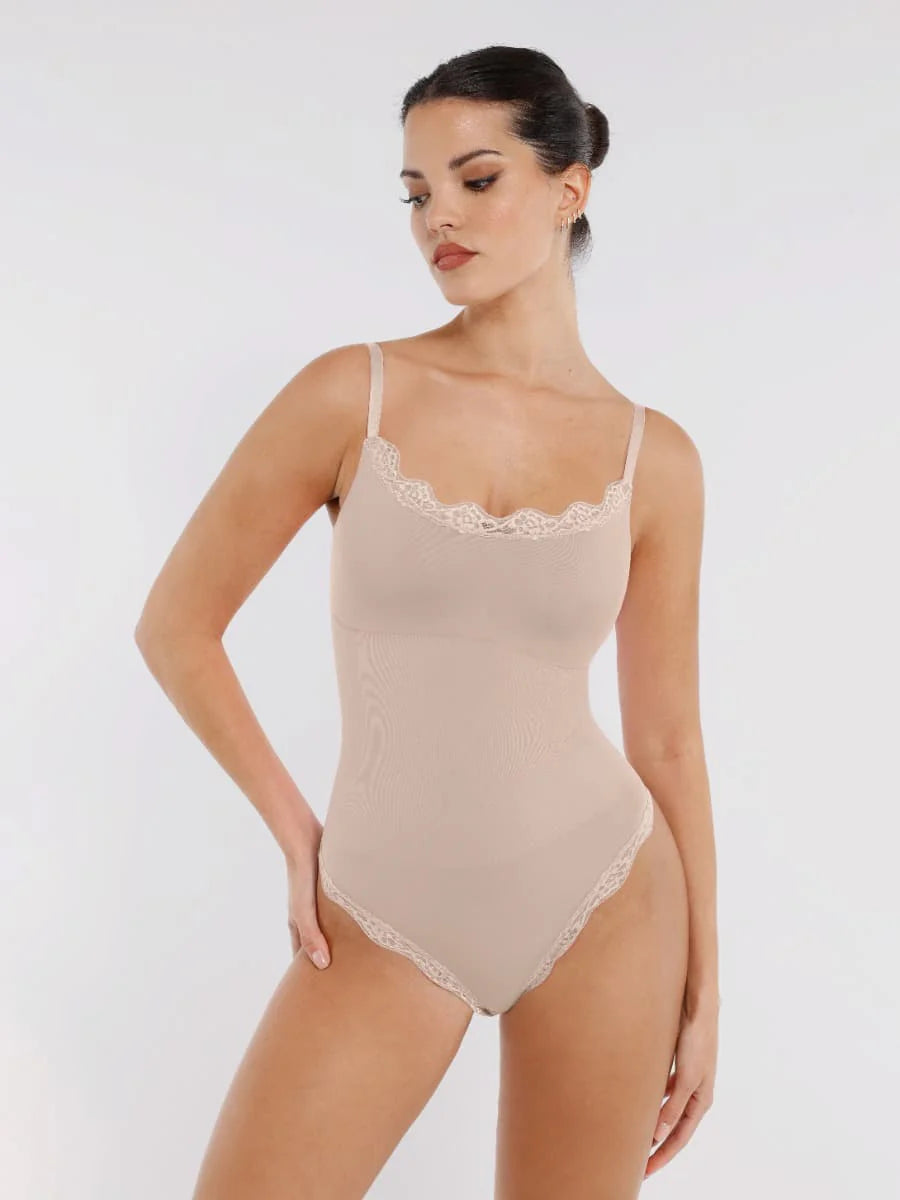 Seamless Lace Trim Waist Shaping Thong Bodysuit