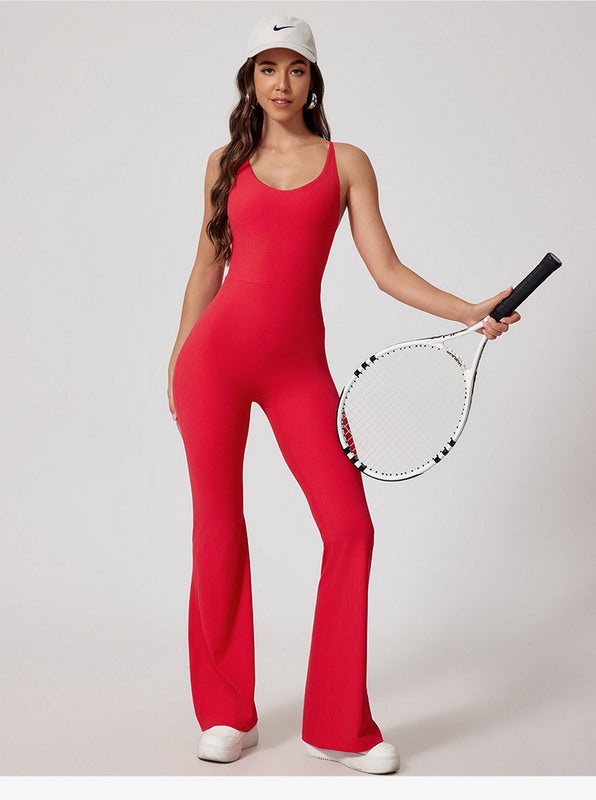 One-Piece Bodysuit Sport Wear with Flare Leg and Strappy Back