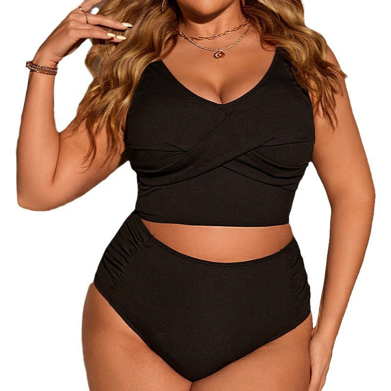 2-Piece  Plus Size Solid Black Swimwear Set