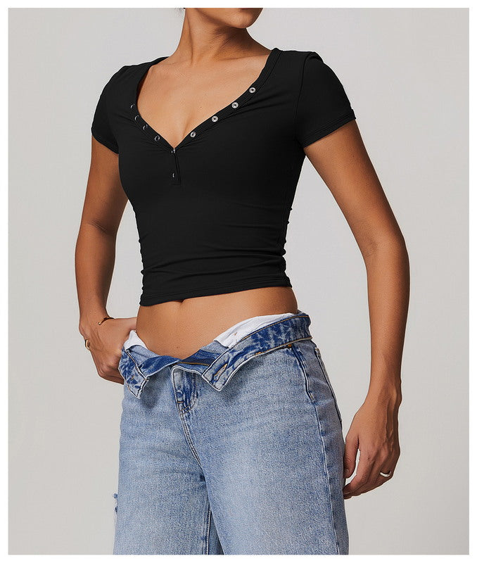 V Neck Active Solid Short Sleeve Casual Crop Top