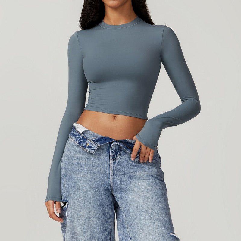 Modern Active Solid Crew Neck Long Sleeve Casual Crop Top