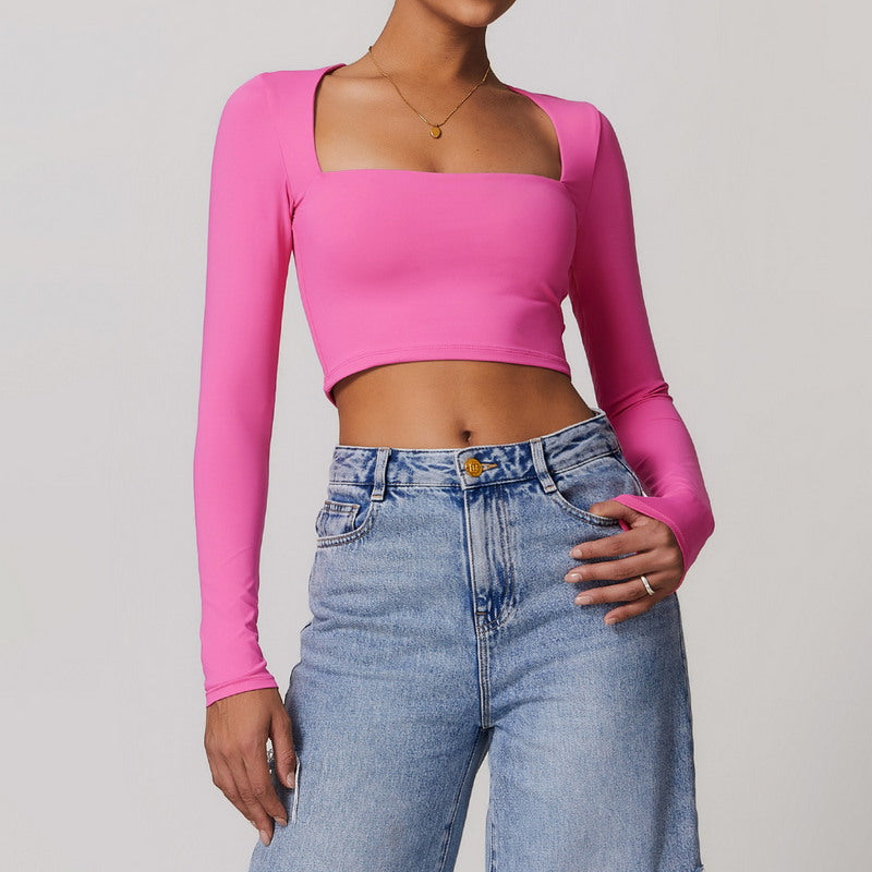 Active Solid  Square Neck Long Sleeve Casual Crop Top