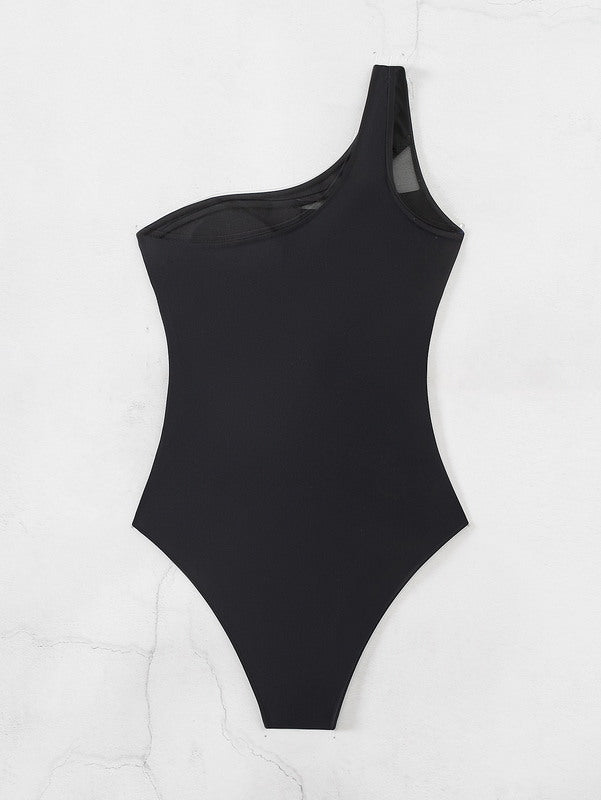 Modern Active  One Shoulder Assymetrical Ruched Mesh Solid Black Swimwear